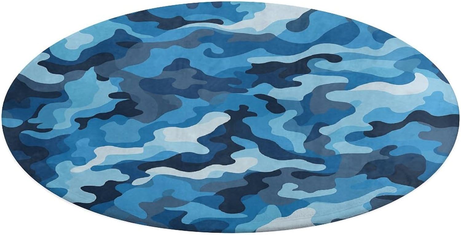 Blue Camouflage Pattern Coral Velvet Round Floor Mat Non-Slip Bath Rug Floor Covering for Bathroom Vanity Guest Suite & Vacation Home
