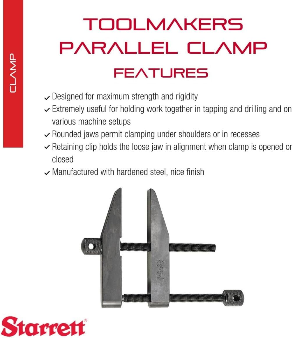 Starrett Toolmakers Parallel Clamp - Ideal for Holding Work in Tapping and Drilling - 3-1/2' Capacity, 2-1/4' Throat Depth, Hardened Steel, Nice Finish - 161E