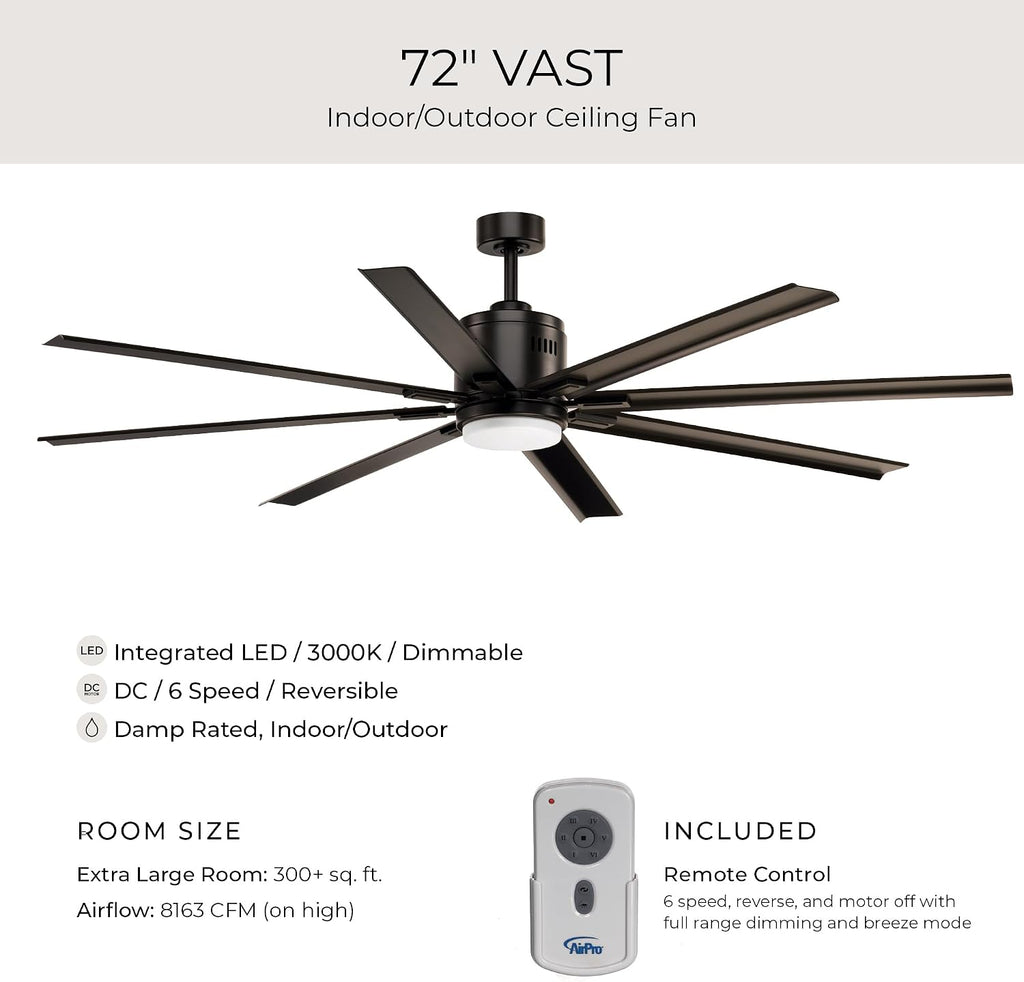 Vast Collection 72-Inch 8-Blade Bronze Modern Ceiling Fan