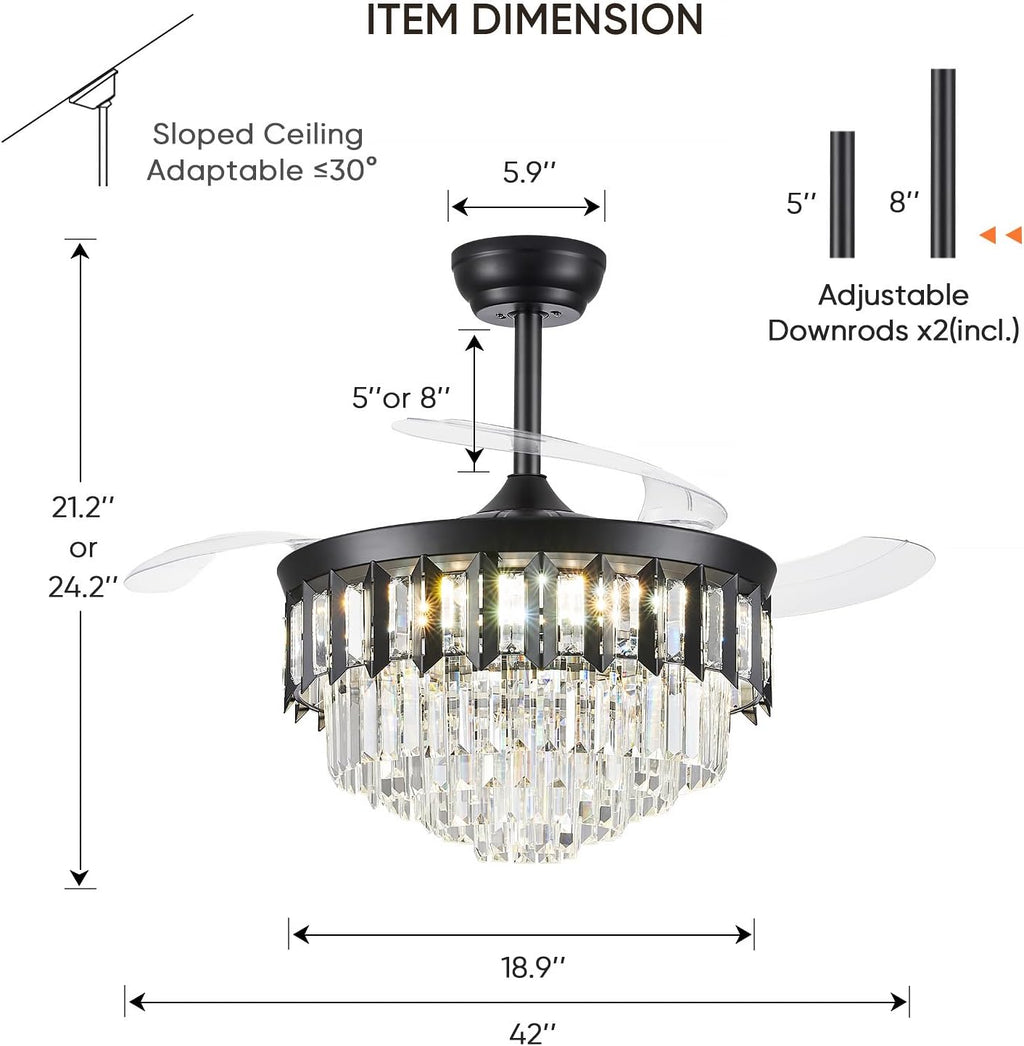 TXCSLY 42' Fandelier Ceiling Fan with Light, Crystal Chandelier Fan with Retractable Blades Dimmable Crystal Ceiling Fan Chandelier for Bedroom Living Room Dining Room-Black