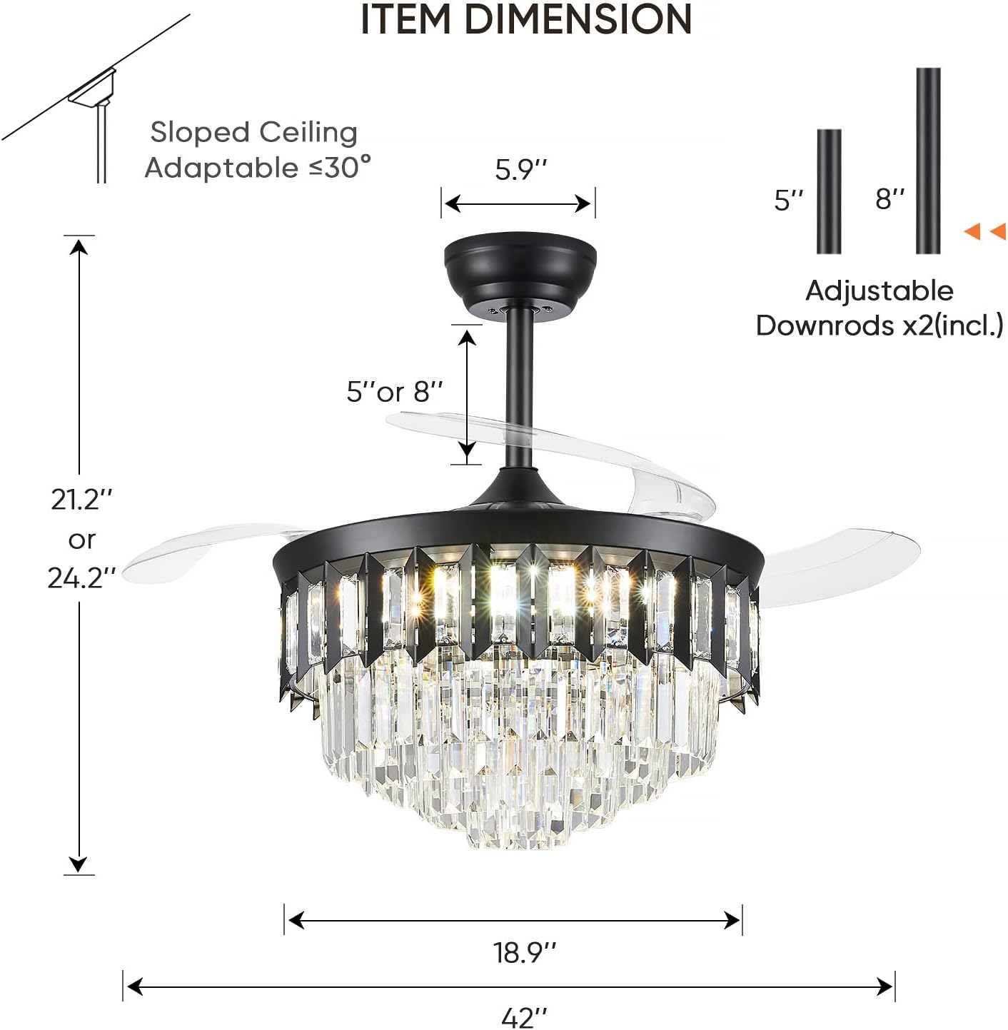 TXCSLY 42' Fandelier Ceiling Fan with Light, Crystal Chandelier Fan with Retractable Blades Dimmable Crystal Ceiling Fan Chandelier for Bedroom Living Room Dining Room-Black