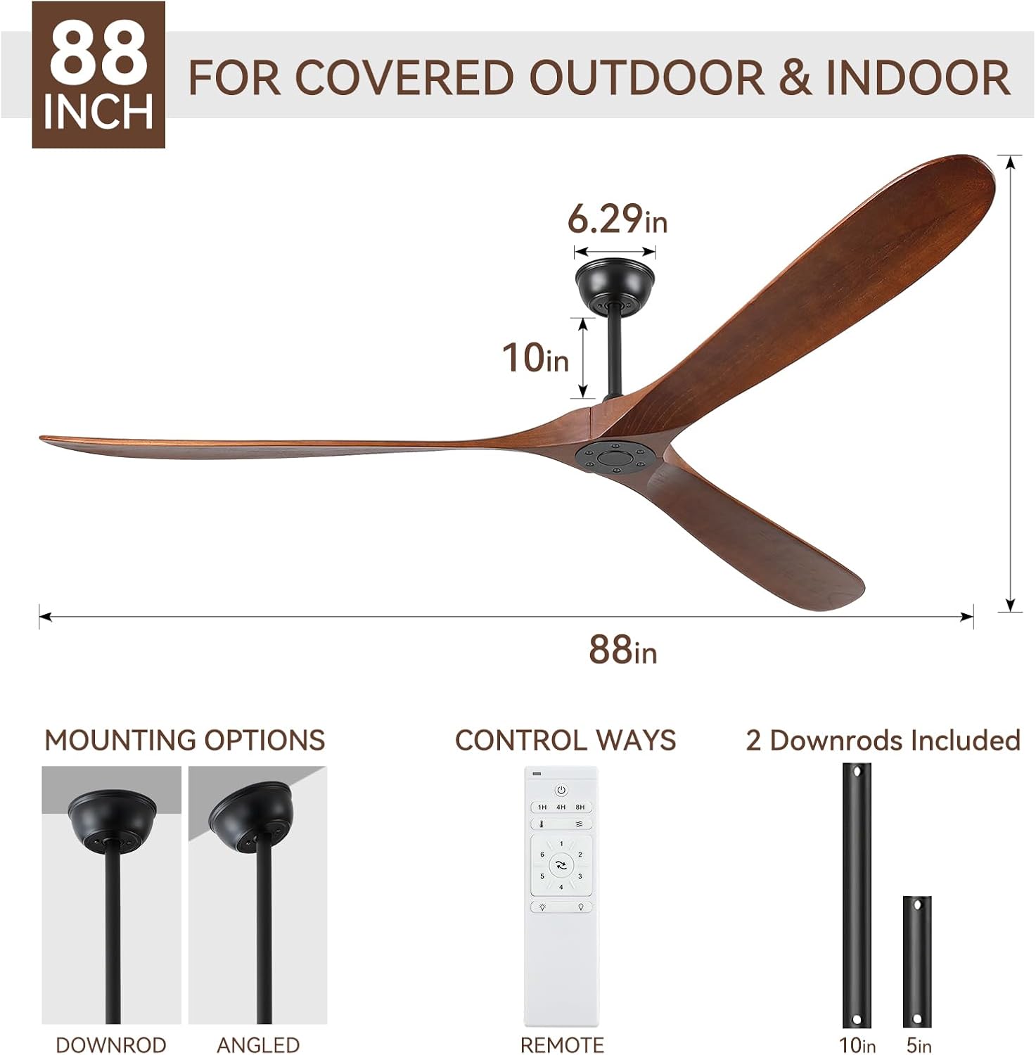 Ceiling Fans Without Light, 88 In Extra Large Ceiling Fan No Lights, 3 Wood Walnut Blades, DC Motor, Propeller Outdoor Ceiling Fan for Patios and Big Rooms with Remote Control