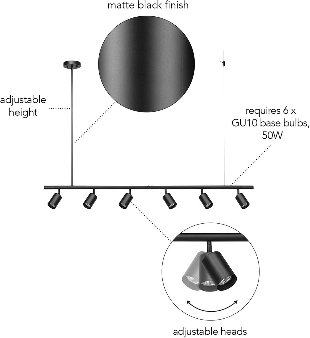Globe Electric 64000123 55' 6-Light Adjustable Height Track Light, Matte Black, Pivoting Heads, GU10 Base Bulbs Not Included, Ceiling Light Fixture, Kitchen and Home Lighting Decor