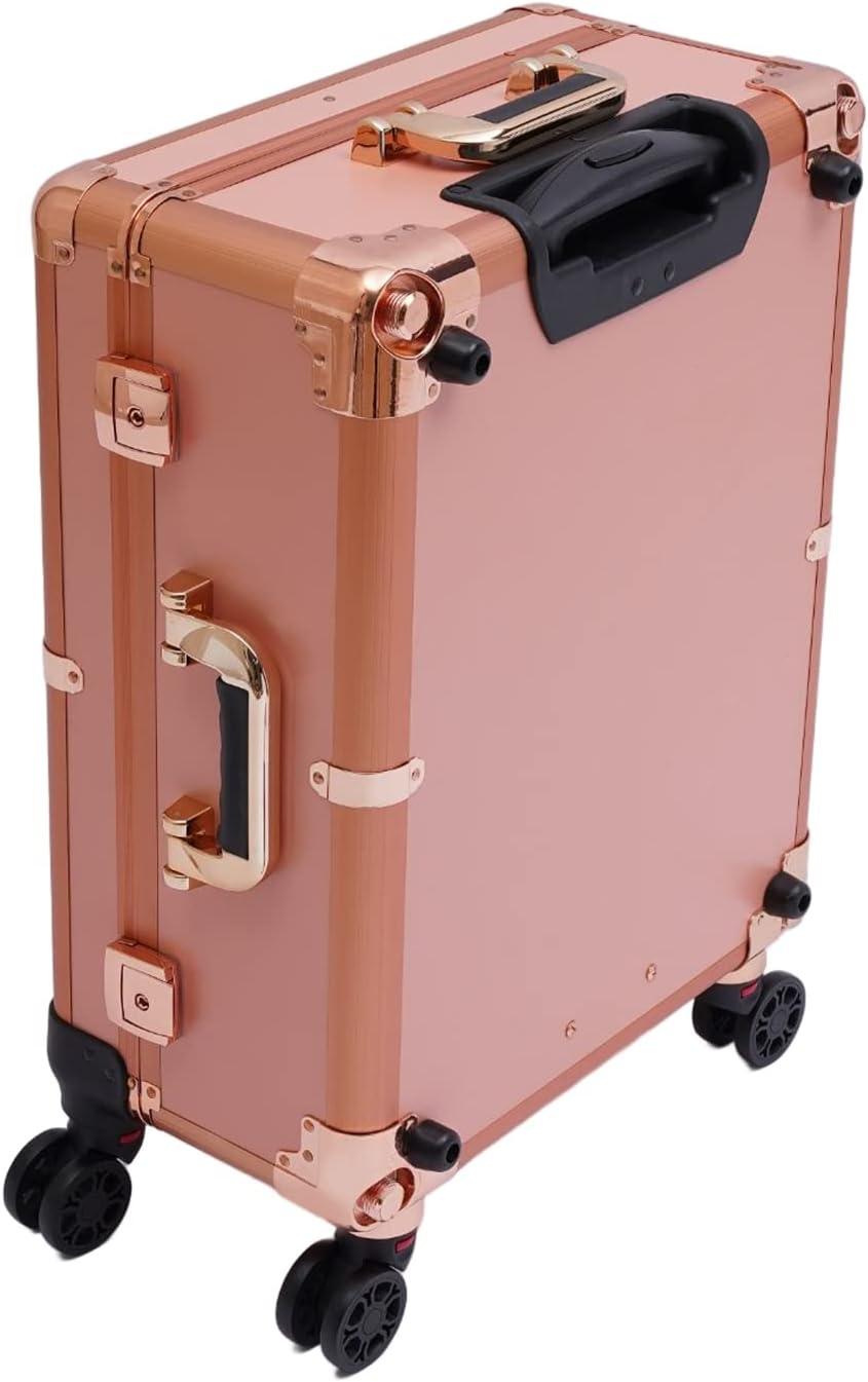 Trolley Make up Case Professional Cosmetic Organizer Vanity Station With Led Lights Wheels And Stands Rolling Lighted Travel Table & Mirror Pro Cover Panel Extendable Adjustable Legs（Rose Gold）