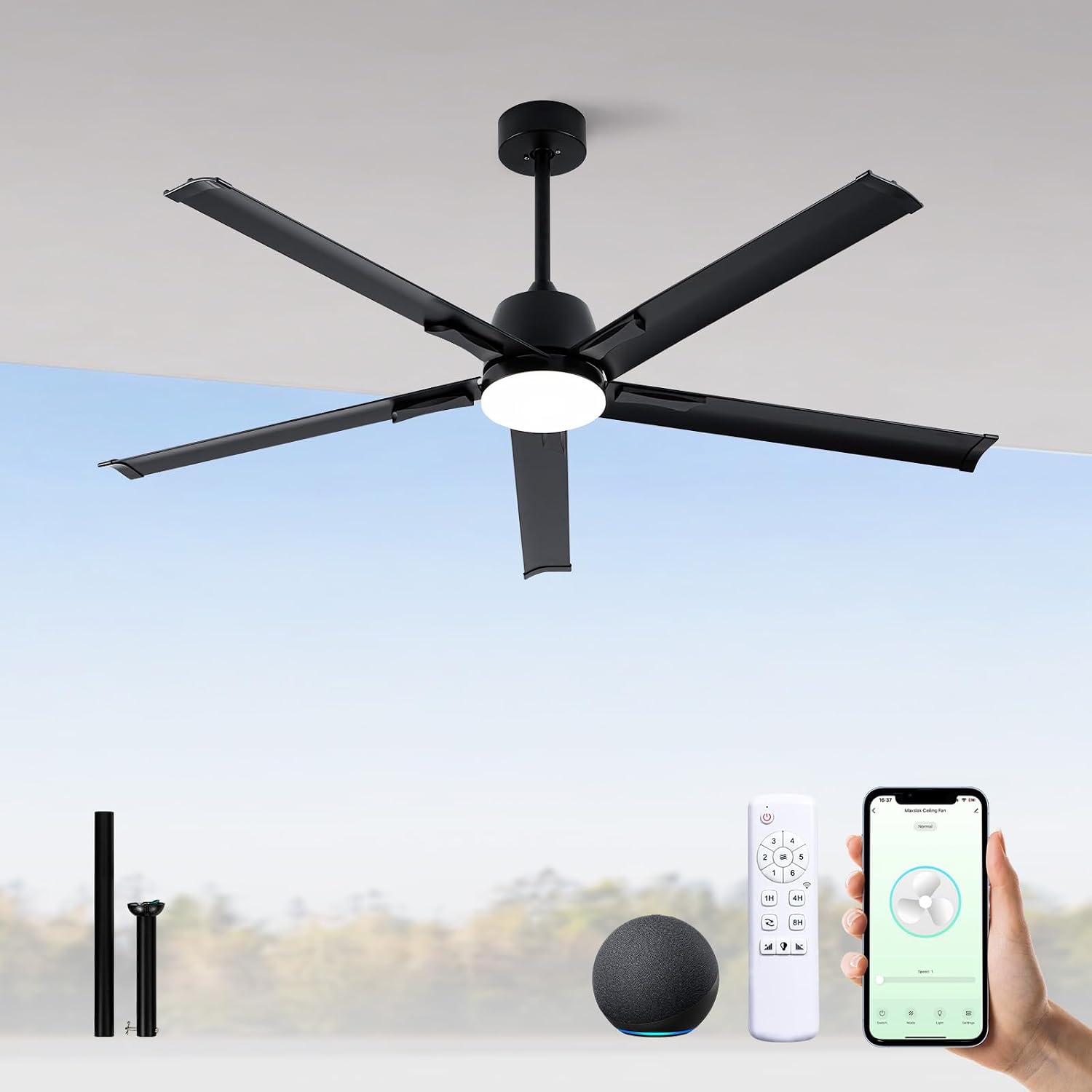 Minislak 62 Inch Smart Ceiling Fan with Light and Remote,Industrial Ceiling Fan with 5 Aluminum Blades,6 Speed,3CCT,Quiet DC Motor Indoor Outdoor Fan for Patio,Living Room,Bedroom