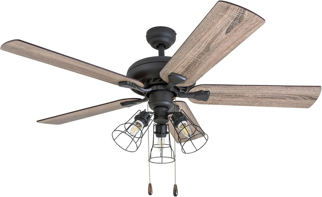 Prominence Home Lincoln Woods 52 Inch Ceiling Fan with LED Light, Pull Chain & Remote, 5 Blades with Reversible Motor and Tri-Mount Options, Bronze