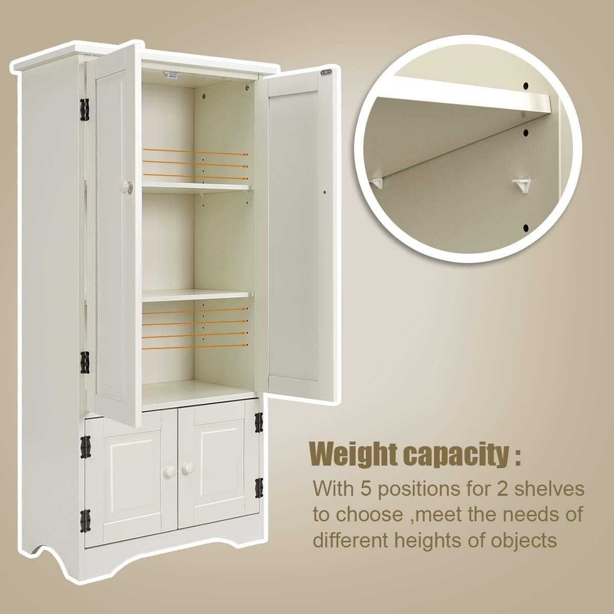 Giantex Accent Floor Storage Cabinet Adjustable Shelves Antique 2-Door Low Floor Cabinet Pantry 24' Lx13 Wx49 H (Cream White)