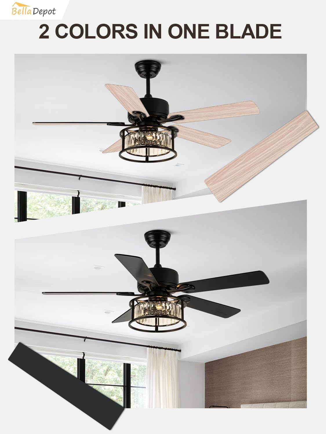 Bella Depot 52' Black Crystal Ceiling Fan with Remote, Caged Chandelier Fan with Light (No Bulbs Included), Quiet DC Motor for Dining Living Room Bedroom (Classic Black)