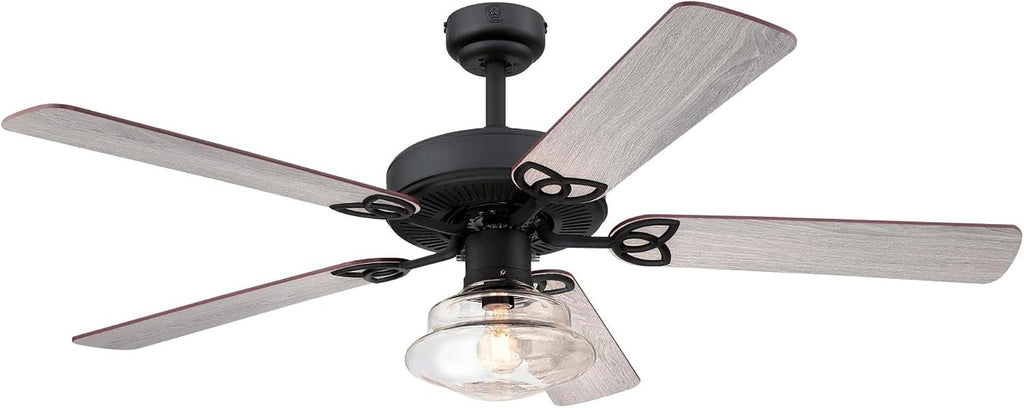 Westinghouse Lighting 7304800 Scholar, Vintage-Style LED Ceiling Fan with Light, 52 Inch, Matte Black Finish, Clear Glass