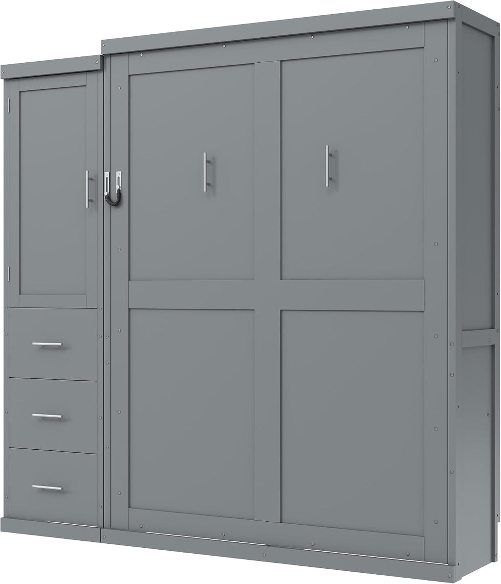 SOFTSEA Full Size Murphy Bed with Wardrobe and Drawers, Solid Wood Wall Bed Frame with Storage, Can be Folded into a Cabinet, No Box Spring Needed, Grey