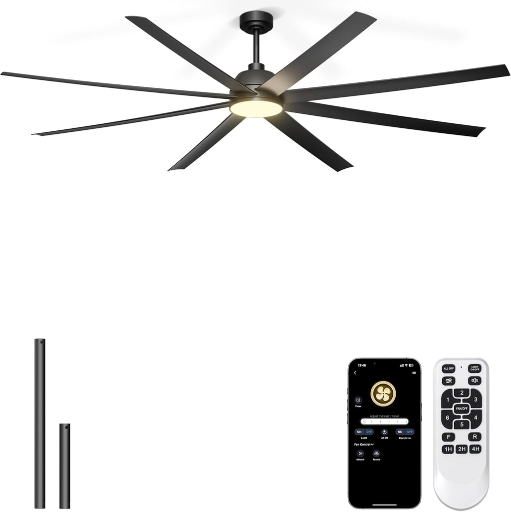 84'' Ceiling Fan with Lights - Remote & APP Control, Large Industrial DC Motor Fan for Covered Outdoor Patios, Warehouse, Shop, Garage, Black