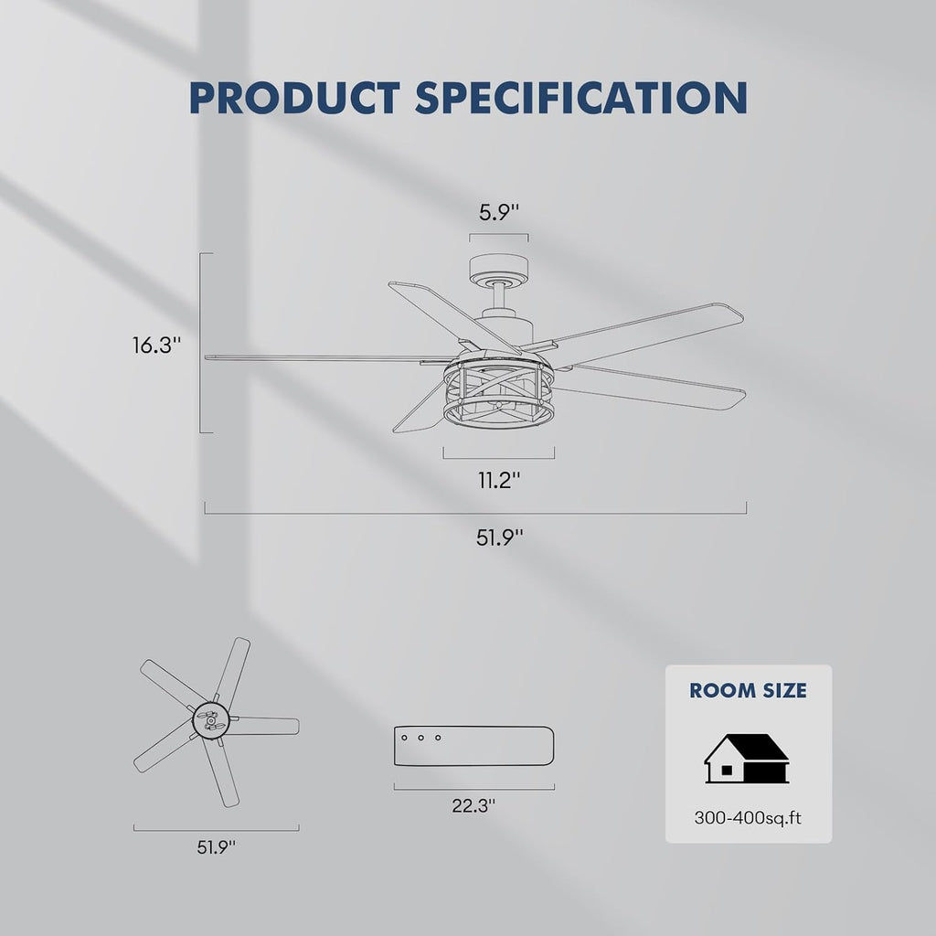 52 Inch Ceiling Fans with Lights and Remote Control, Low Profile Farmhouse Ceiling Fan for Bedroom Living Room and Patio, Black Caged Ceiling Fan for Indoor and Outdoor（NO BULBS）