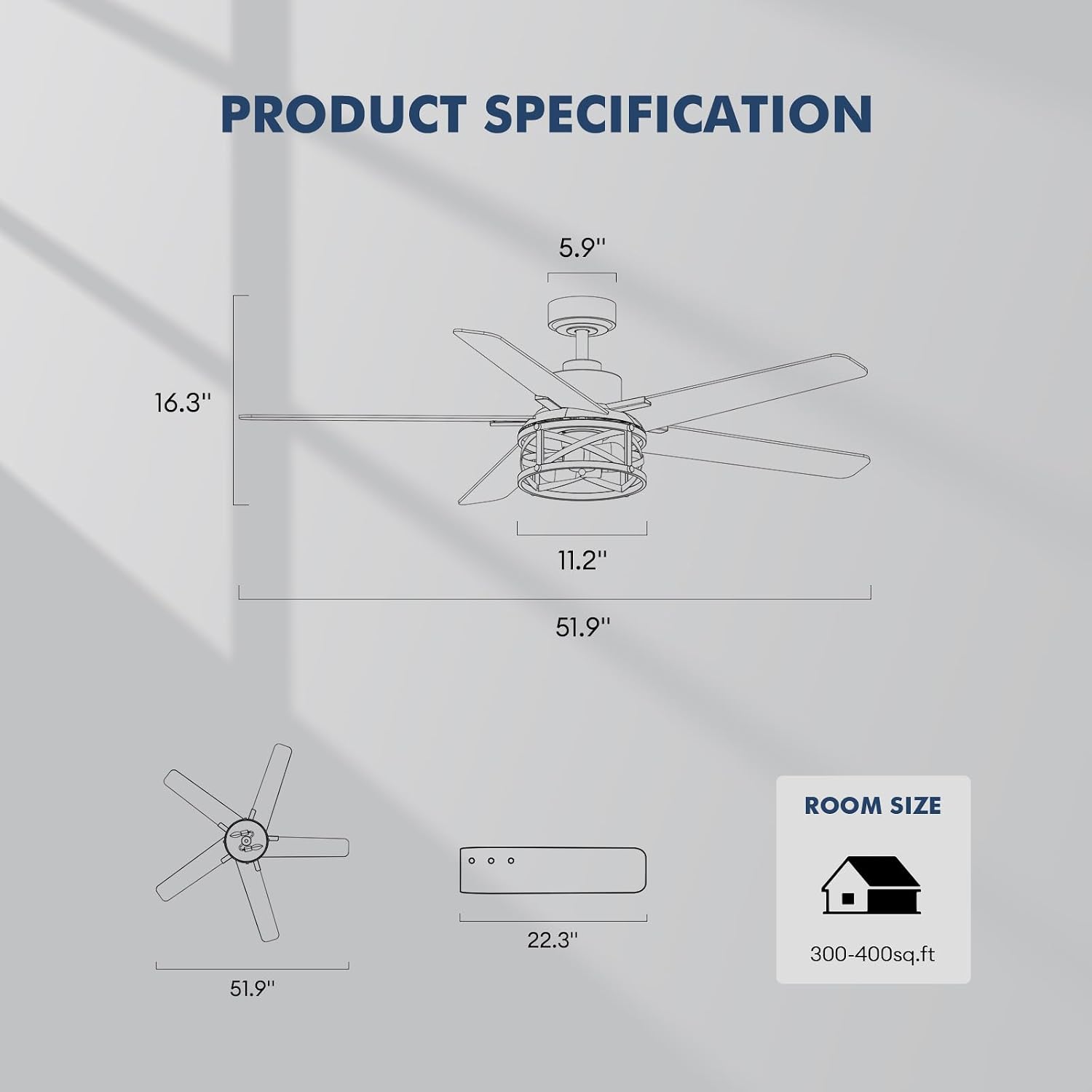 52 Inch Ceiling Fans with Lights and Remote Control, Low Profile Farmhouse Ceiling Fan for Bedroom Living Room and Patio, Black Caged Ceiling Fan for Indoor and Outdoor（NO BULBS）
