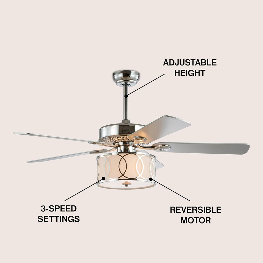 JONATHAN Y 52' Chrome Modern Glam LED Ceiling Fan with Remote, 3-Light Indoor Fan with 5 Reversible Blades, White Fabric Drum Shade for Living Room, Bedroom, ETL Listed JYL9607A