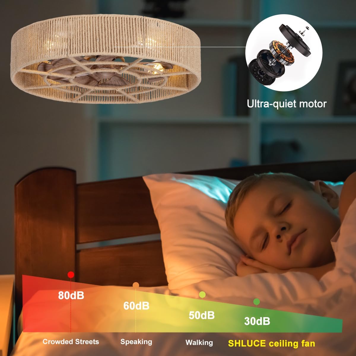 SHLUCE 22' Rattan Boho Caged Ceiling Fan with Light, Flush Mount Low Profile Ceiling Fan with Light, Rustic Large Bladeless Ceiling Fans with Lights and Remote for Bedroom, Living Room, Kitchen - ETL
