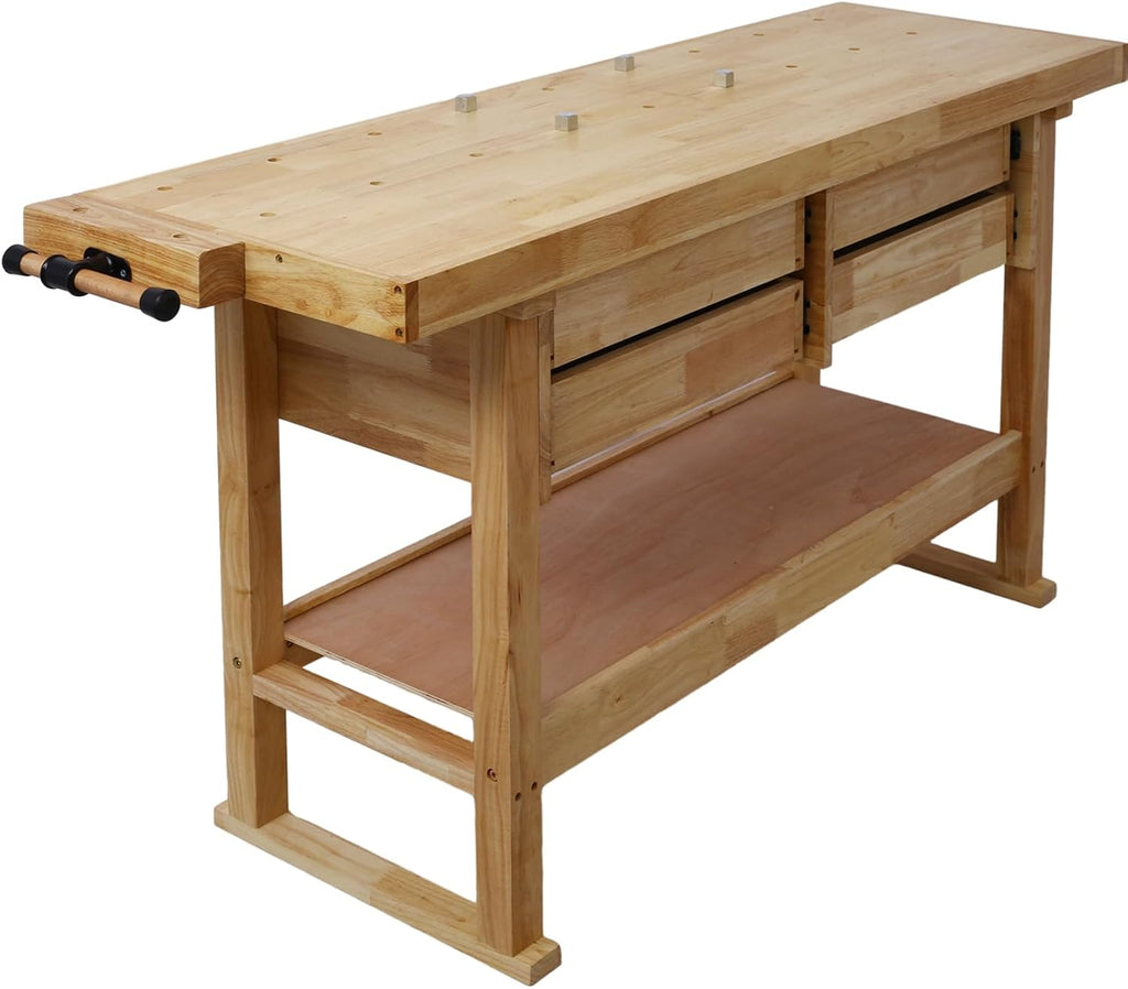 Wood Workbench, 60' Acacia Hardwood Workbench with 4 Drawer, Heavy Duty Work Bench Table, with 2 Bar Clamps Set 24' x 4-3/4' Throat, for Garage, Workshop, Home Storage