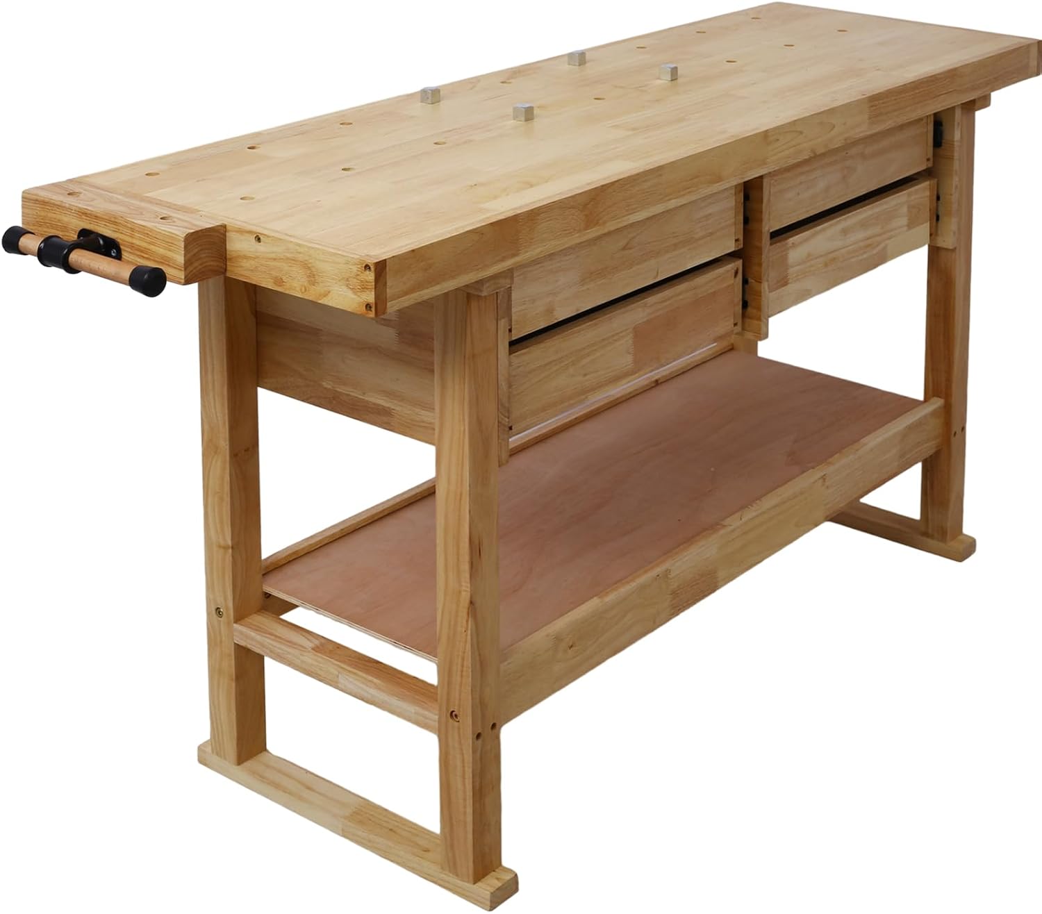 Wood Workbench, 60' Acacia Hardwood Workbench with 4 Drawer, Heavy Duty Work Bench Table, with Bar Clamps Set 2pcs 12' x 3'+ 2pcs 24' x4-3/4, for Garage, Workshop, Home Storage