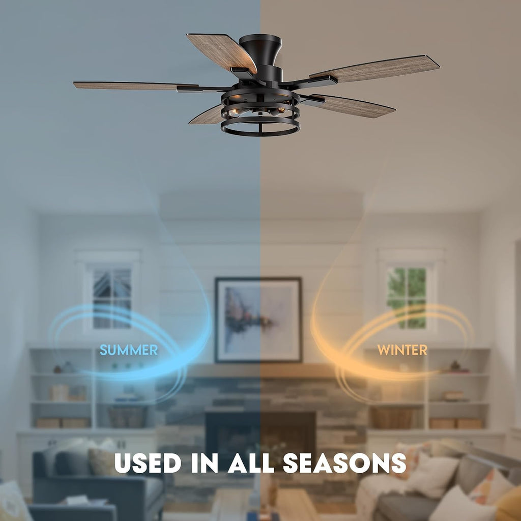LuminFan 50 Inch Flush Mount Ceiling Fans with Lights and Remote Control, Low Profile Farmhouse Ceiling Fan for Bedroom Living Room and Patio, Black Caged Ceiling Fan for Indoor and Outdoor