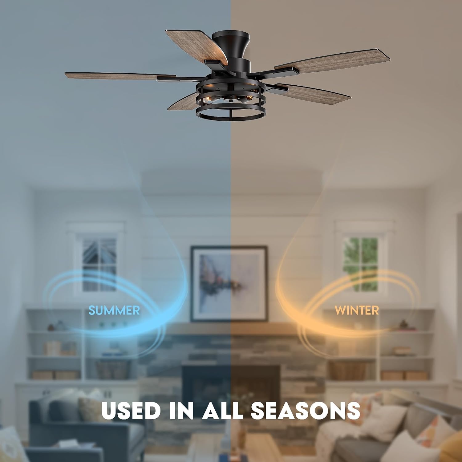 LuminFan 50 Inch Flush Mount Ceiling Fans with Lights and Remote Control, Low Profile Farmhouse Ceiling Fan for Bedroom Living Room and Patio, Black Caged Ceiling Fan for Indoor and Outdoor