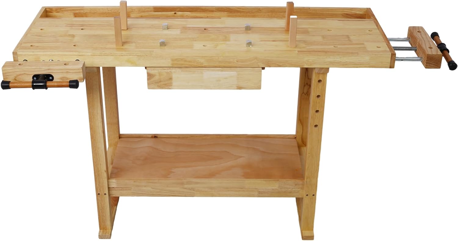 55-Inch Wood Workbench with Drawer - 330lbs Weight Capacity Heavy Duty Portable Wood Work Bench Table, with Bar Clamps Set 4pcs 12' x 3' Throat, for Garage, Workshop, Home Storage