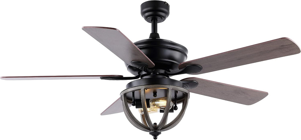 JONATHAN Y 52' Black 2-Light Iron LED Ceiling Fan with Remote, 5 Reversible Ashwood/Coffee Brown Blades, Farmhouse Industrial Metal Dome Shade, ETL Listed, LED Bulbs Included JYL9613A