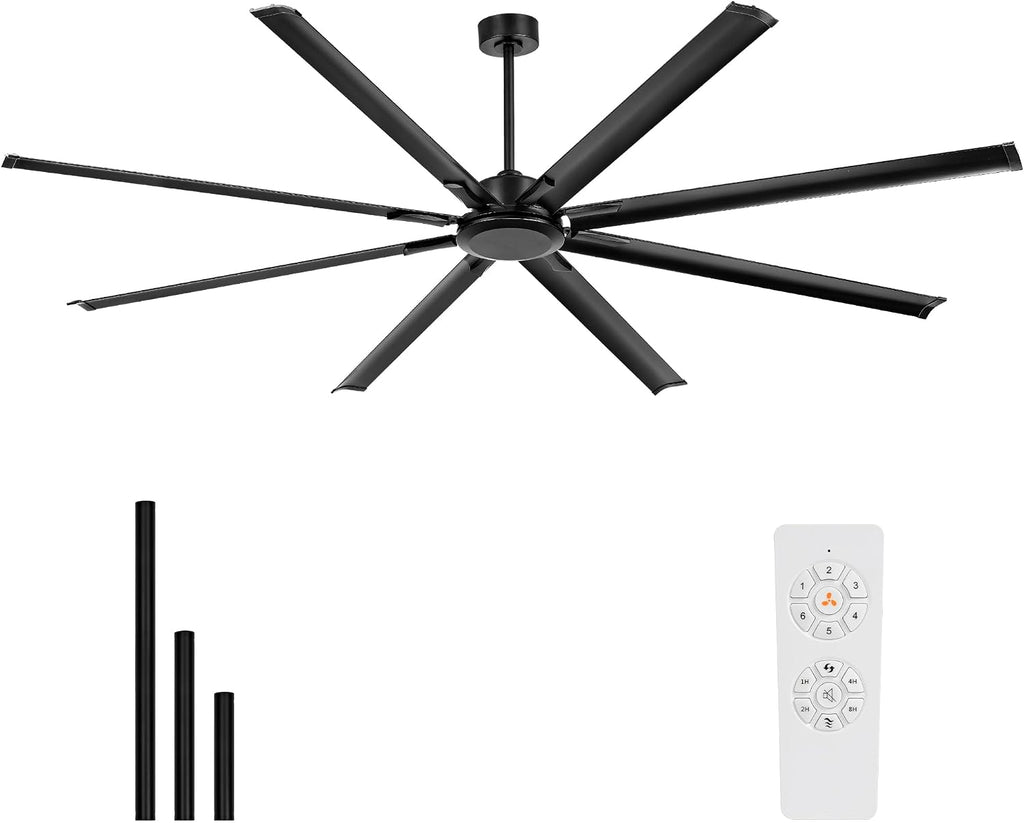 96 Inch Industrial Ceiling Fan Without Light, Matte Black Outdoor Model for Covered Areas, 8 Aluminum Blades, Powerful Airflow, Modern No-Light Design, CF04NBK-96