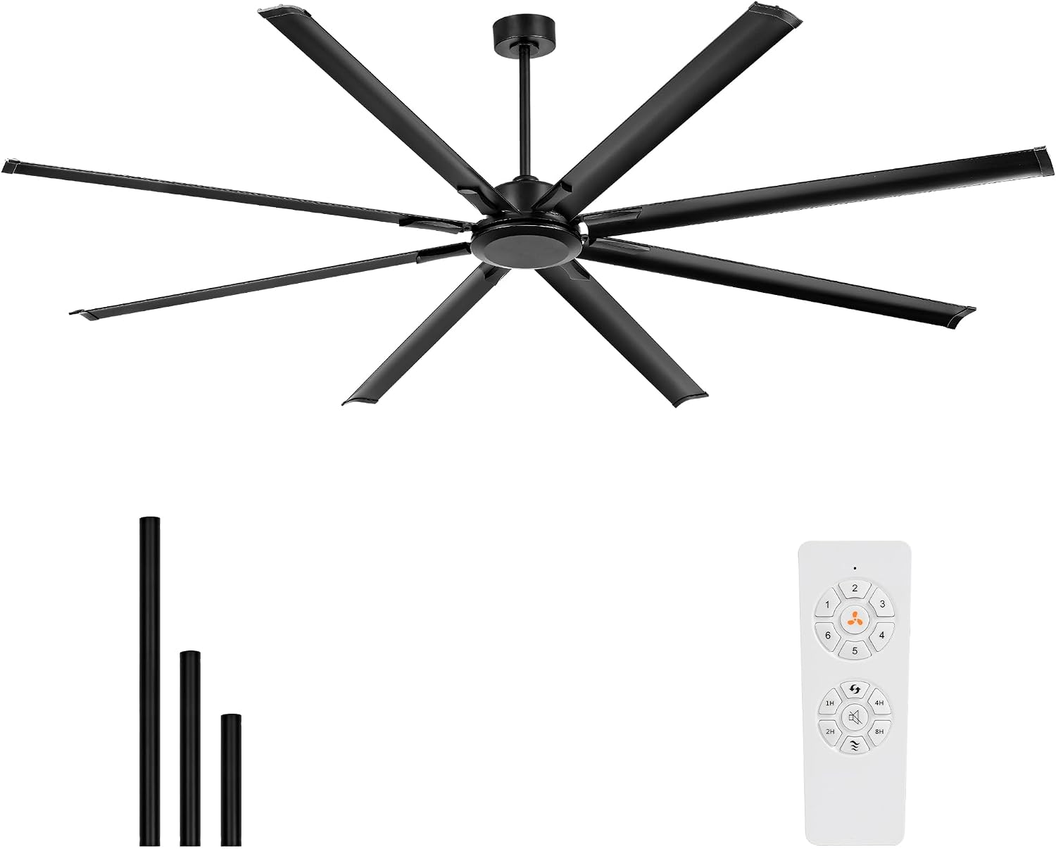 96 Inch Industrial Ceiling Fan Without Light, Matte Black Outdoor Model for Covered Areas, 8 Aluminum Blades, Powerful Airflow, Modern No-Light Design, CF04NBK-96