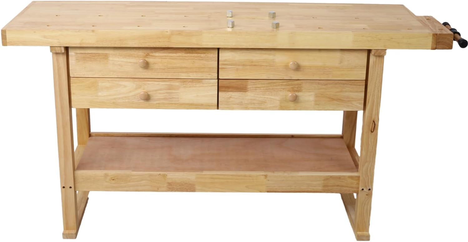 60In Rubber Wood Workbench with 4 Drawers Durable Clamps for Garage Workshop Heavy-Duty Clamping Force Durable Workbench for Home Use Easy Assembly
