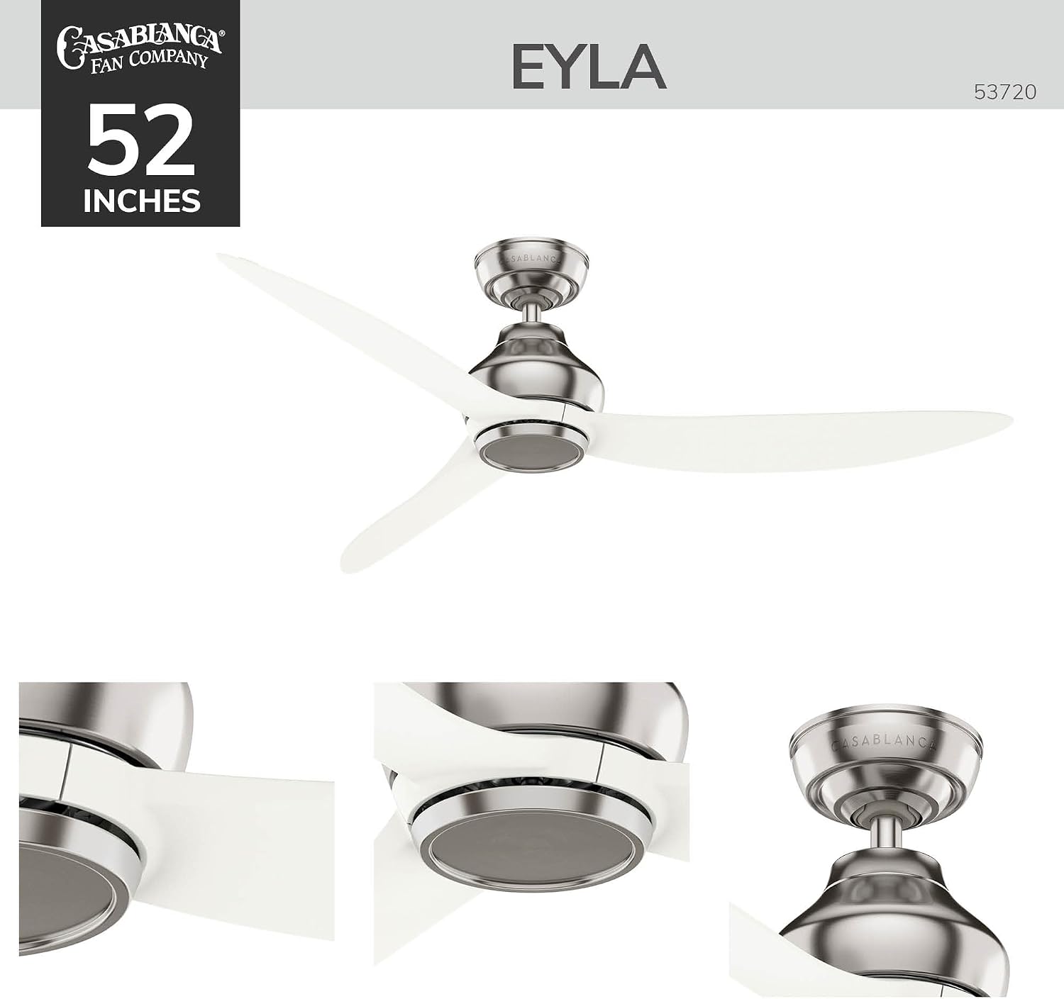 Casablanca - Eyla Indoor/Outdoor Ceiling Fan, 52-inch, 6-speed DC Motor, Energy Star, for porches, patios, sunrooms, bathrooms (Brushed Nickel)