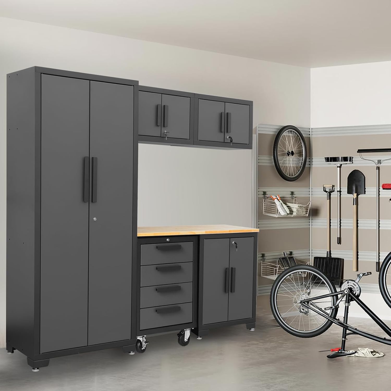 Torin Garage Cabinets Storage System: 6 Piece Set with Lockers and Workbench for Home, Office, Gym, School, Black/Grey,AGPZ112B