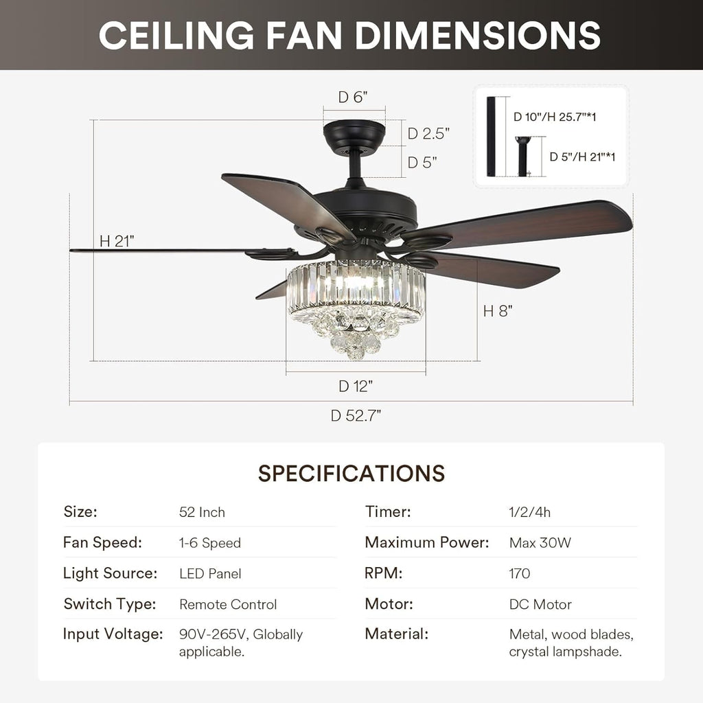 NOXARTE 52 Inch Crystal Ceiling Fan with Light, Modern LED Fandelier with Remote, Black Chandelier Fan Reverse Motor Wood Blades with 6 Speeds for Living Dining Room