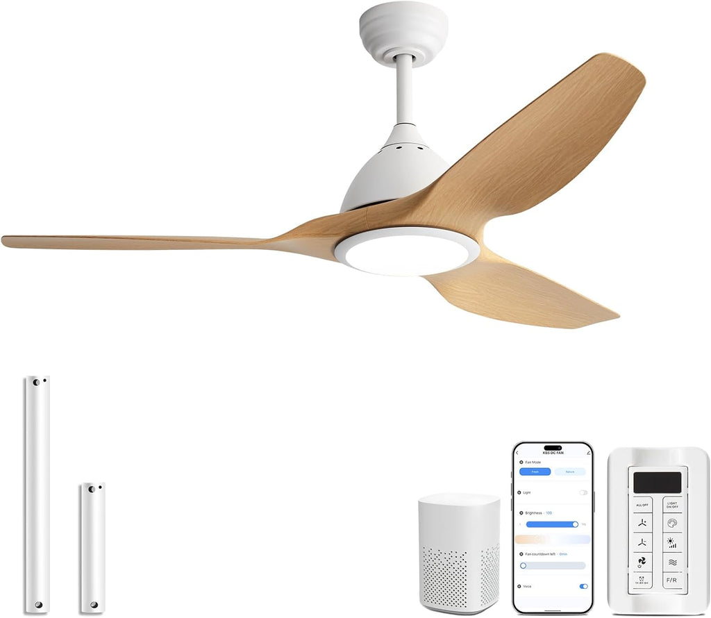 Sofucor 52 Inch Smart Ceiling Fan with Light, Modern Ceiling Fan with 3 Plastic Blade, Quiet, Dimmable, Compatible with Alexa/Google/App, 6 Speeds 7000CFM, Timer Quiet Reversible DC Motor, Log-color