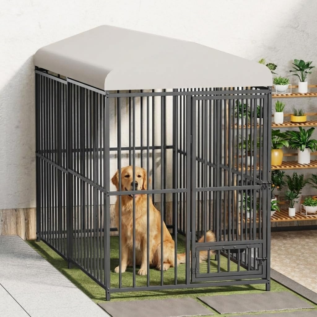 8x4x6 ft Heavy-Duty Outdoor Dog Kennel with Lockable Roof & Cover - All-Weather Large Dog Cage Kennel for Medium & Large Dogs, Waterproof Pet Enclosure