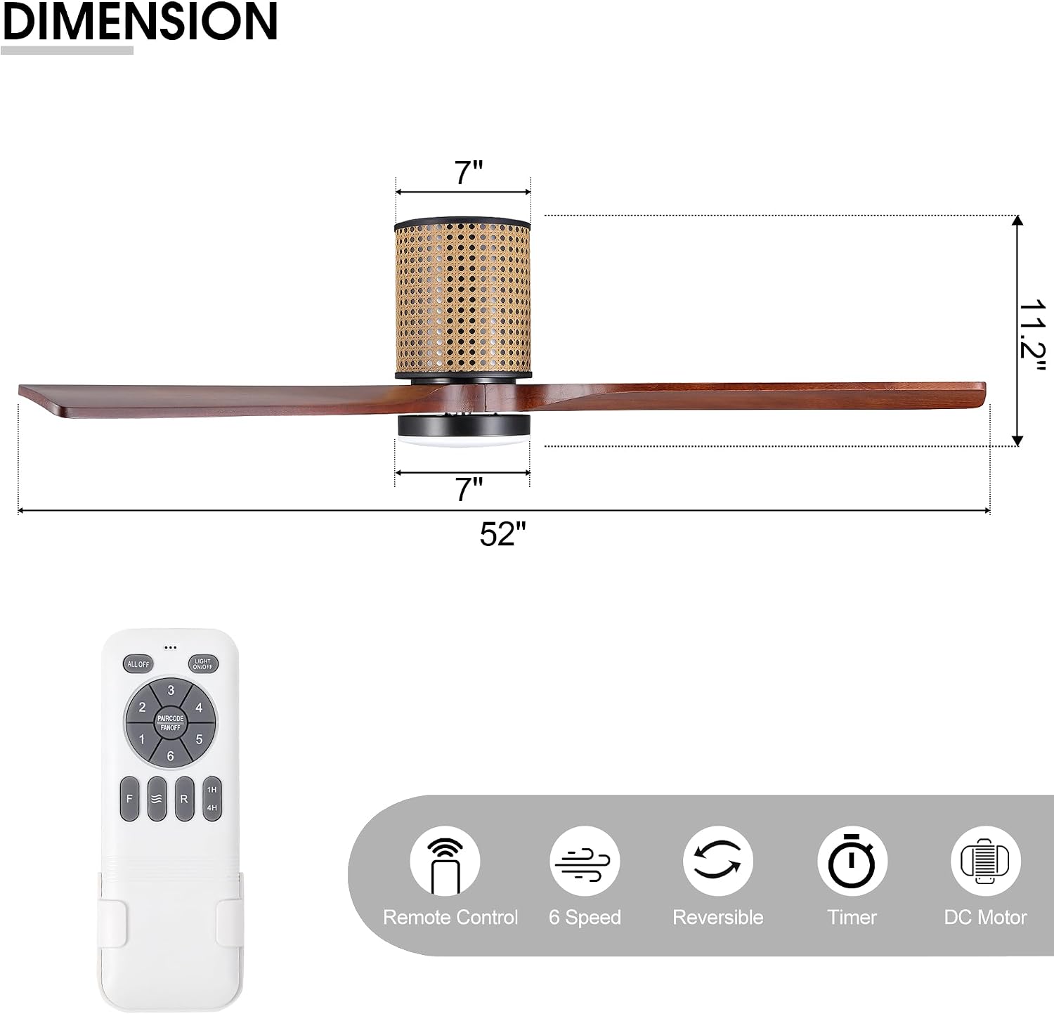 LEDLUX 52' Ceiling Fan with Light - Low Profile Flush Mount Ceiling Fan, 6-Speed Remote Control, Solid Wood, Quiet Reversible DC Motor,Walnut/Black Finish, for Bedroom, Living Room, Porch