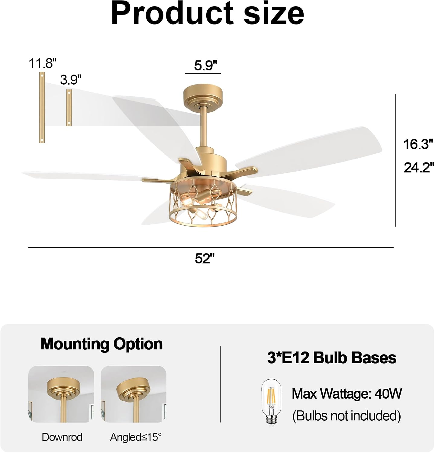 52 Inch White and Gold Ceiling Fan with Lights Modern Fandelier Ceiling Fan Industrial Caged Fandelier Farmhouse Rustic Chandelier Light for Living Room Indoor Outdoor, Reversible 6 Speeds