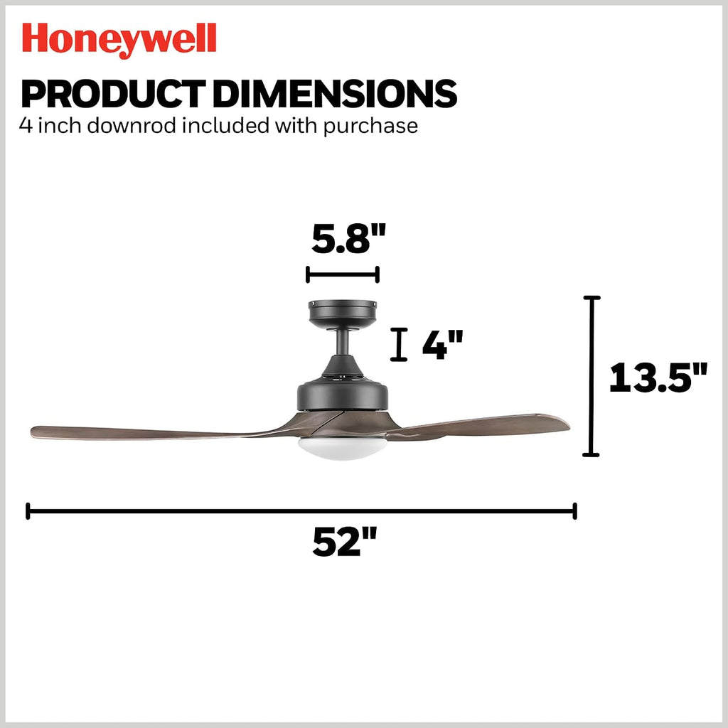 Honeywell Ceiling Fans Lynton, 52 Inch Indoor Outdoor Ceiling Fan with Color Changing LED Light, Remote Control, Charcoal Brown High Performance Blades, Reversible Airflow - 51853-01 (Black)