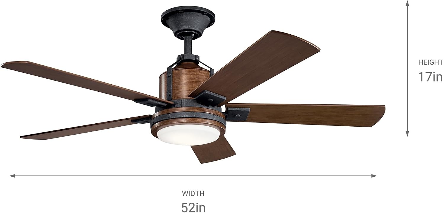 Kichler Colerne 52'Ceiling Fan with LED Light in Black, 5-Blade Vintage Industrial IndoorFan, 3000k, (52'W x 17' H), 300052DBK