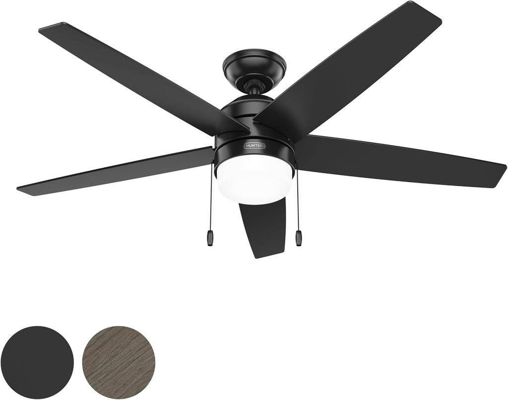 Hunter Fan 52 Inch Matte Black Indoor Ceiling Fan with Light and Pull Chain for Bedroom, Kitchen, Living Room (Renewed)