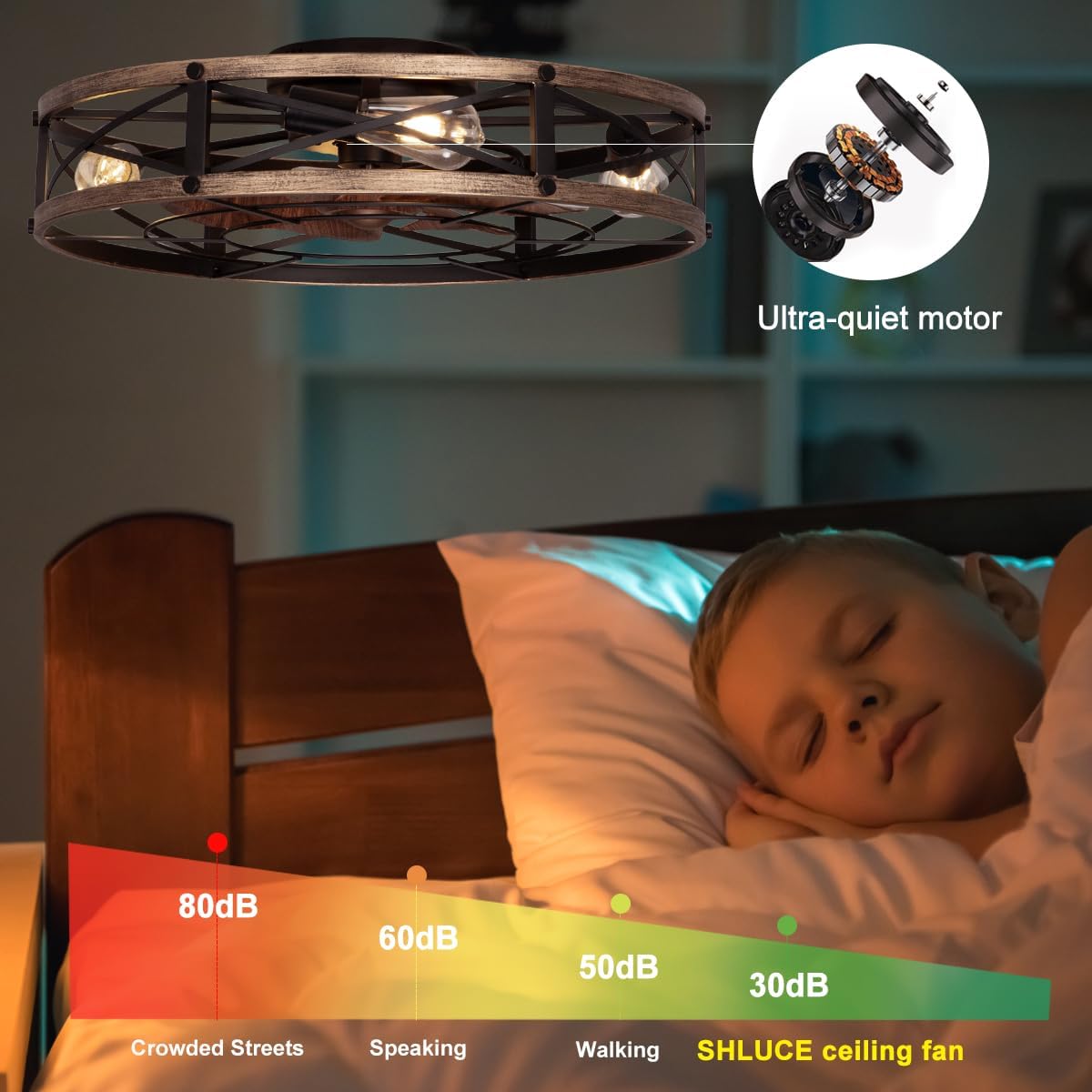 SHLUCE 24' Farmhouse Flush Mount Ceiling Fans with Lights, Caged Low Profile Enclosed Ceiling Fans with Lights and Remote, Rustic Large Bladeless Ceiling Fan with Light for Bedroom, Kitchen - ETL