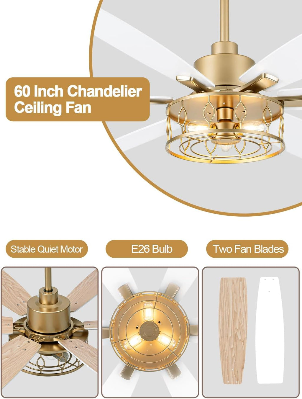 60 Inch Modern Ceiling Fan with Light White and Gold Ceiling Fan Quiet and Reversible DC Motor Chandelier Fan for Living Room Bedroom Patio