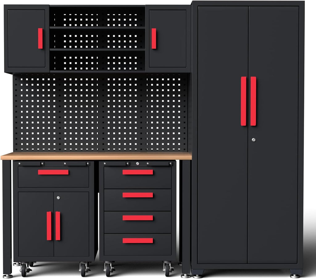 6Piece Garage Storage Cabinet System, Garage Cabinets and Storage System Workshop Set with Steel Cabinet, Cabinet Drawers, Workbench, Pegboard for Tool Organization