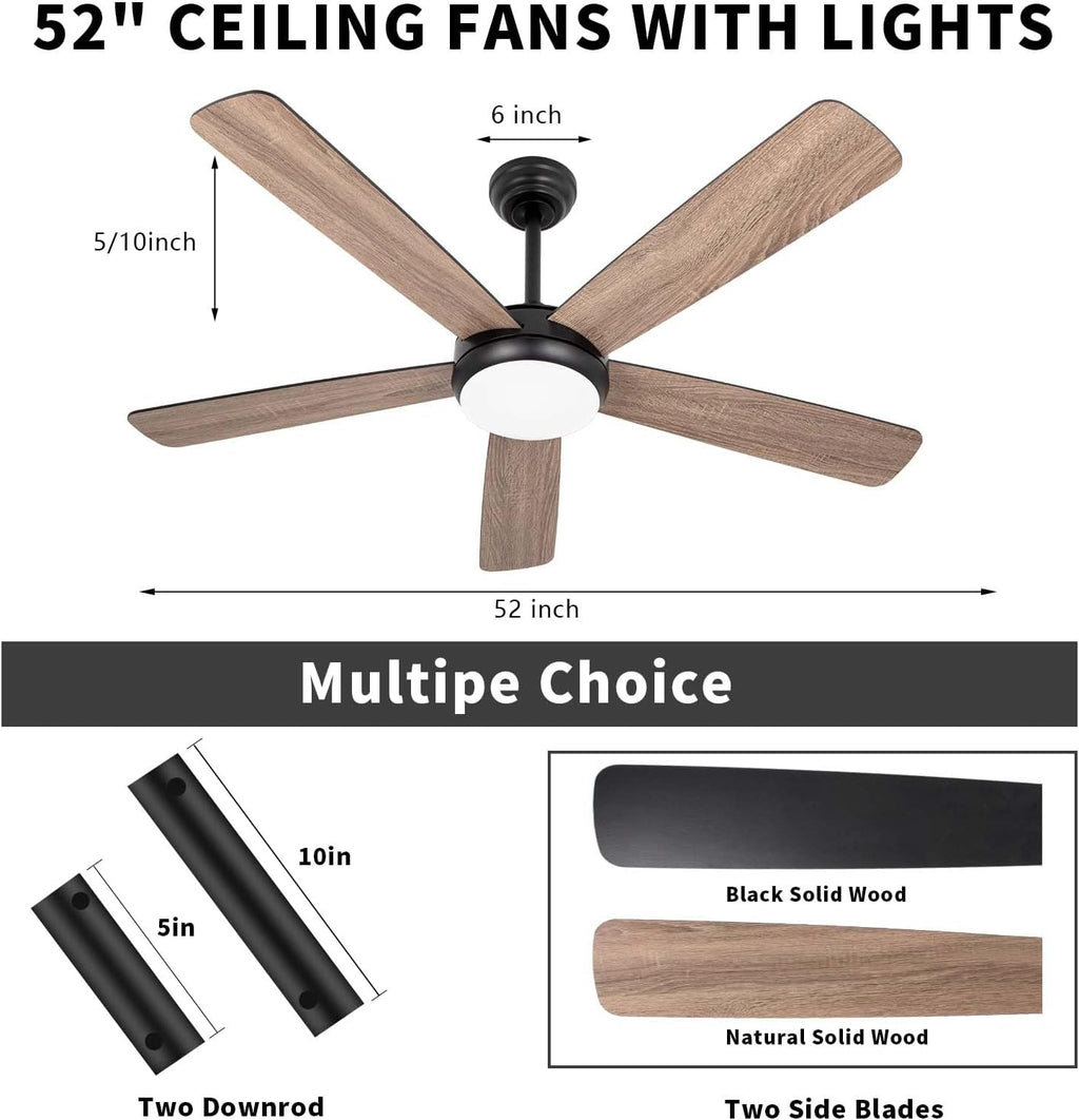 Ceiling Fans with Lights,52 inch Ceiling Fan with Remote,5 Dual Blades,3 Color Light,DC Motor,6 Speed,for Bedroom/Outdoor/Farmhouse/Patios,Wood Ceiling Fan Black