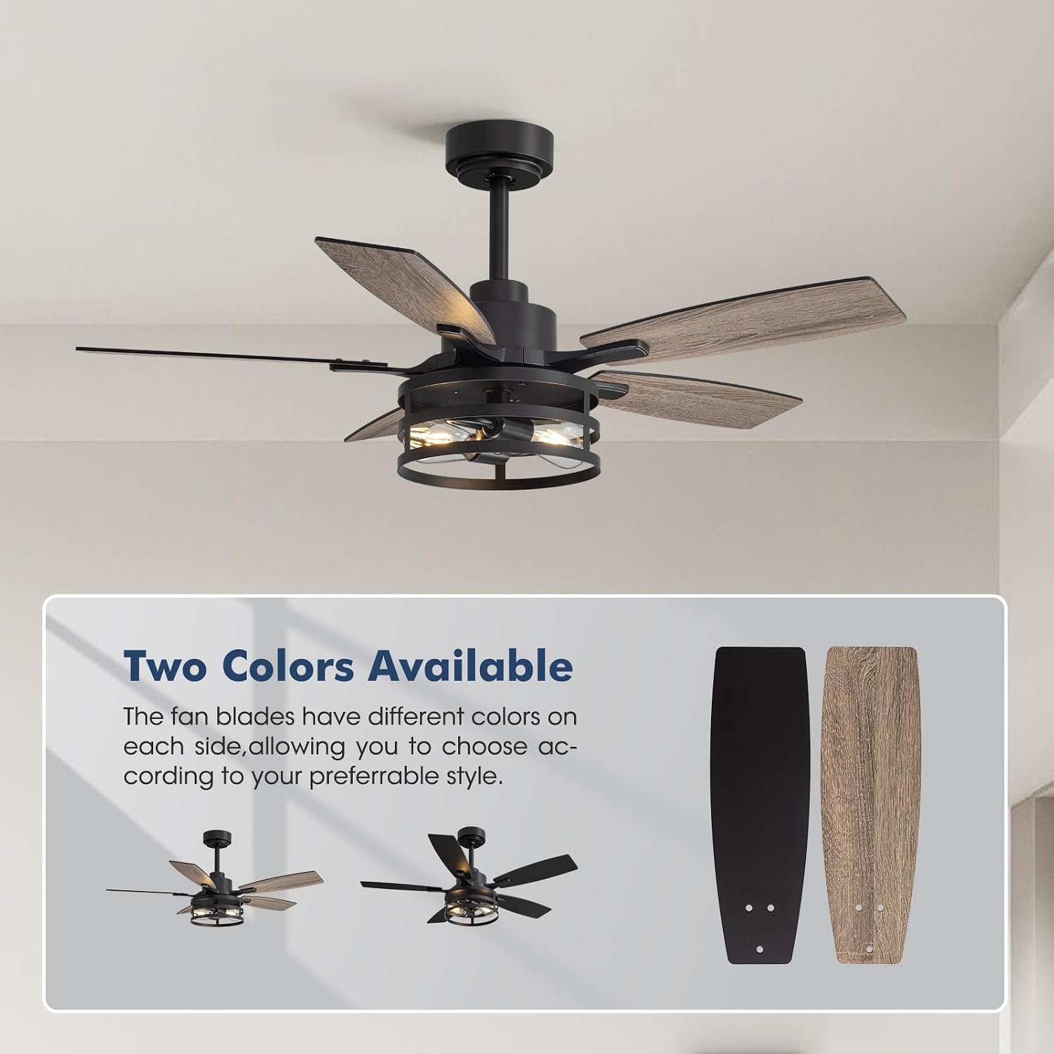 42 Inch Flush Mount Ceiling Fans with Lights and Remote Control, Farmhouse Ceiling Fan with LED Lighting for Bedroom Living Room and Patio, Black Caged Ceiling Fan for Indoor and Outdoor(NO Bulbs)