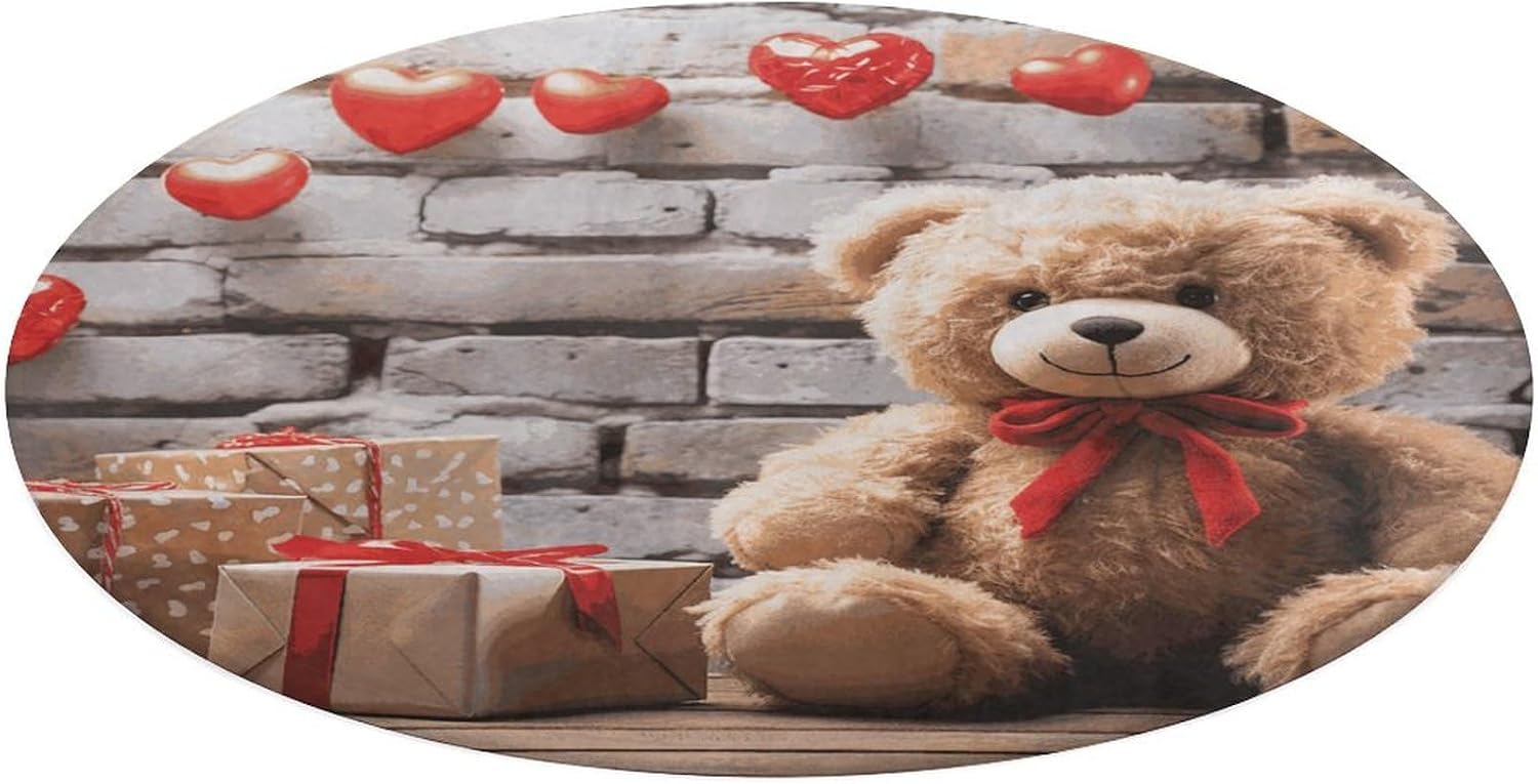 Cute Bear Valentine Gift Coral Velvet Round Floor Mat Non-Slip Bath Rug Floor Covering for Bathroom Vanity Guest Suite & Vacation Home