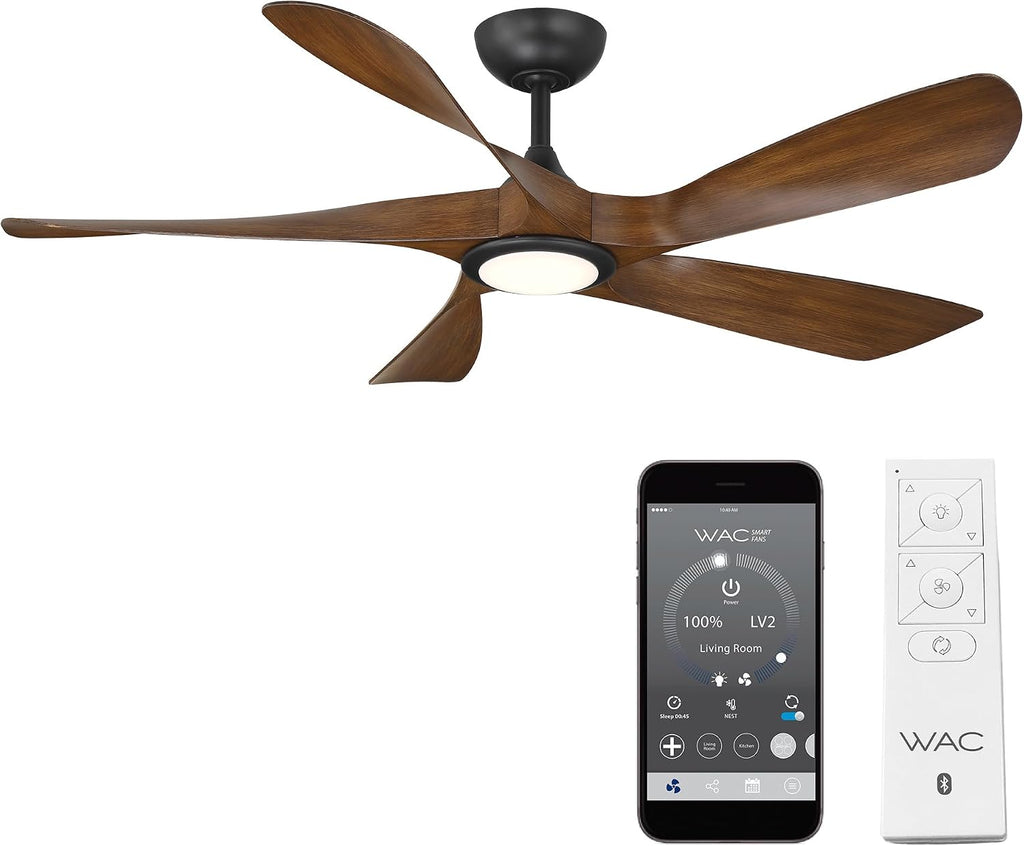 WAC Smart Fans Swirl Indoor and Outdoor 5-Blade Smart Home Ceiling Fan 54in Matte Black Distressed Koa CCT 2700-3000-4000-5000K LED Light Kit and Remote Control works with Alexa and iOS or Android App