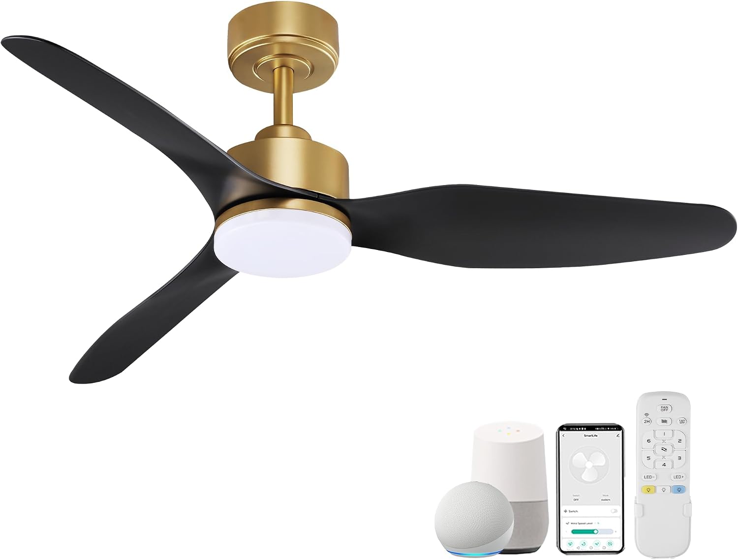 Hoenofly 48 Inch Smart Ceiling Fans with LED Lights Remote,Quiet DC Motor,Dimmable,Outdoor Indoor Gold Black Ceiling Fan Controlled by WIFI Alexa App,for Modern Bedroom Living Room Patio Porch