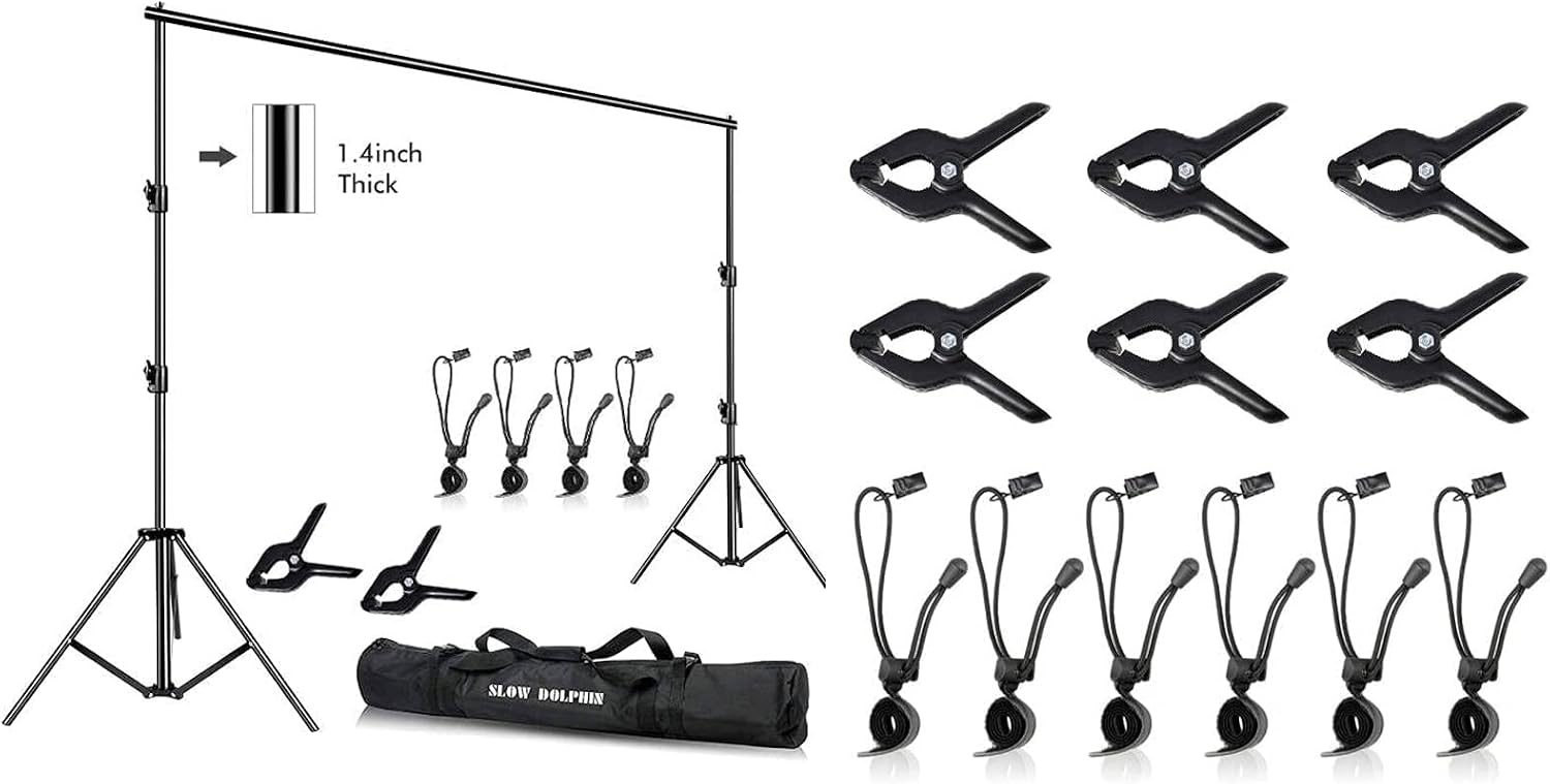 SLOW DOLPHIN Photography Background Support 12ft x 10ft Heavy Duty Adjustable Backdrop Stand Kit with Photography Muslin Backdrop Clips ，Spring Clamps，Carry Bag for Photo Video Studio