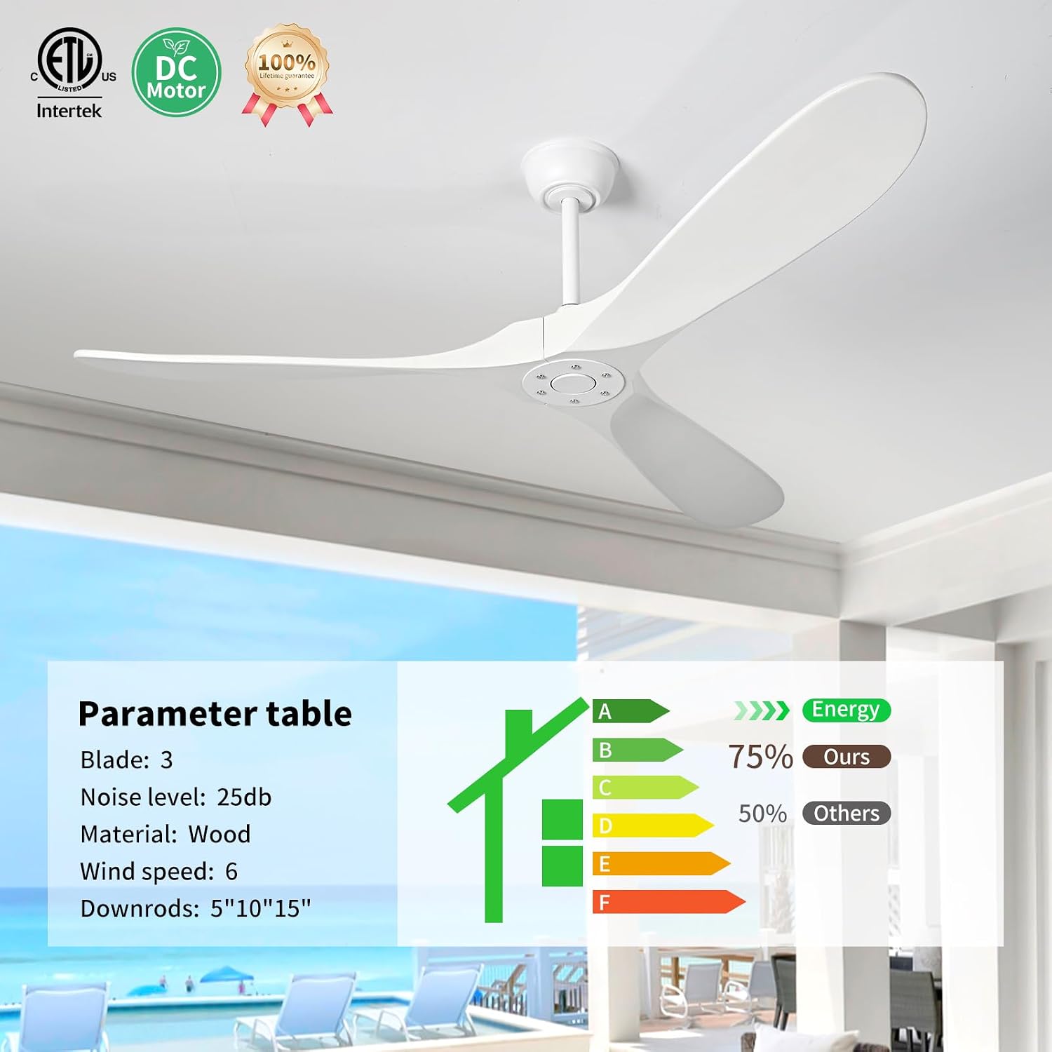 60 Inch White Ceiling Fan No Light ，Wood Indoor Outdoor Ceiling Fans for Patios Living Room Bedroom Porch Big Farmhouse Ceiling Fan for Flat Sloped Angled Ceiling