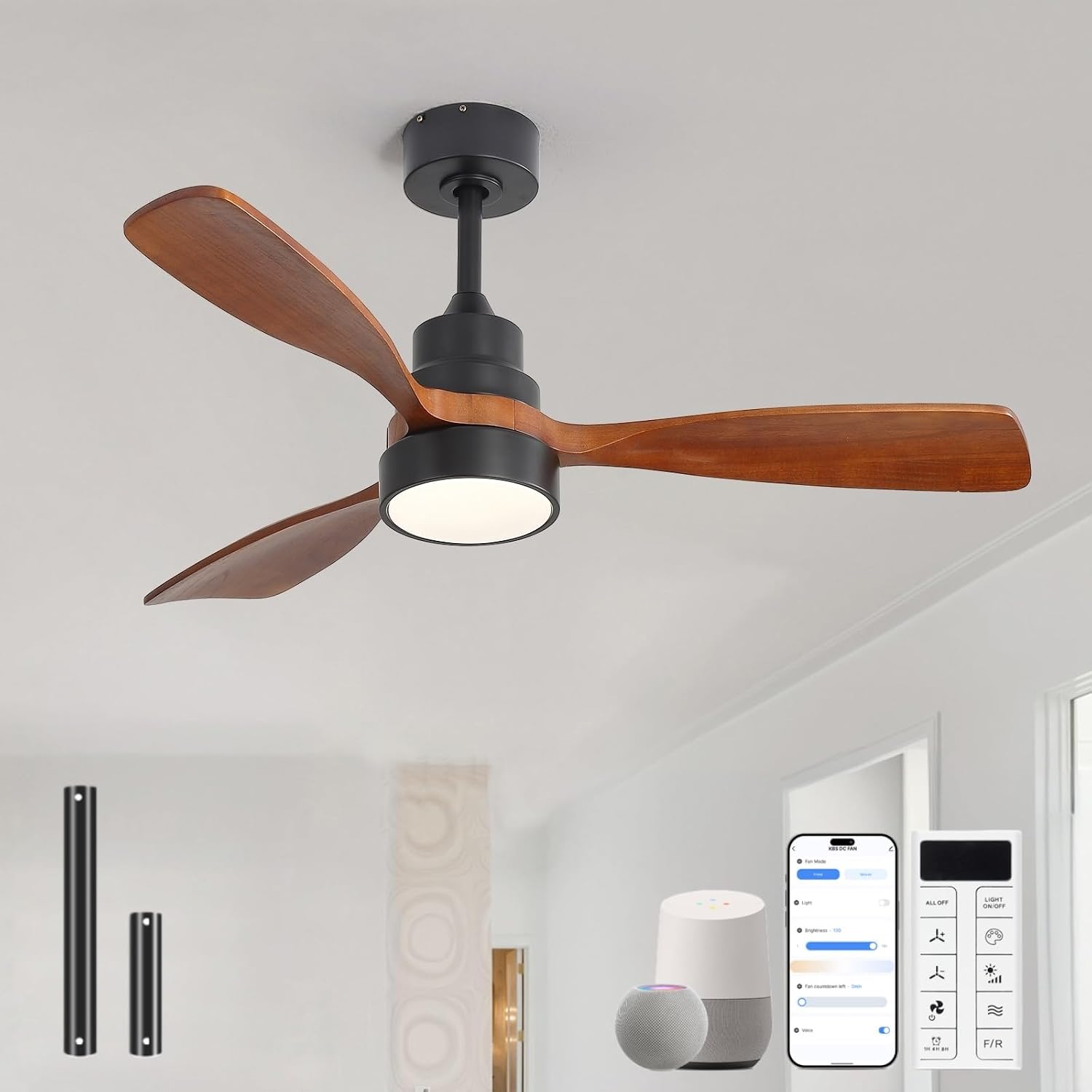 Sofucor 48 Inch Smart Ceiling Fans with Lights-Flush Mount & Downrod Mount Modern Outdoor Ceiling Fans with Alexa/Google Assistant/APP/Remote Control for Bedroom/Farmhouse/Patio, Black & Walnut