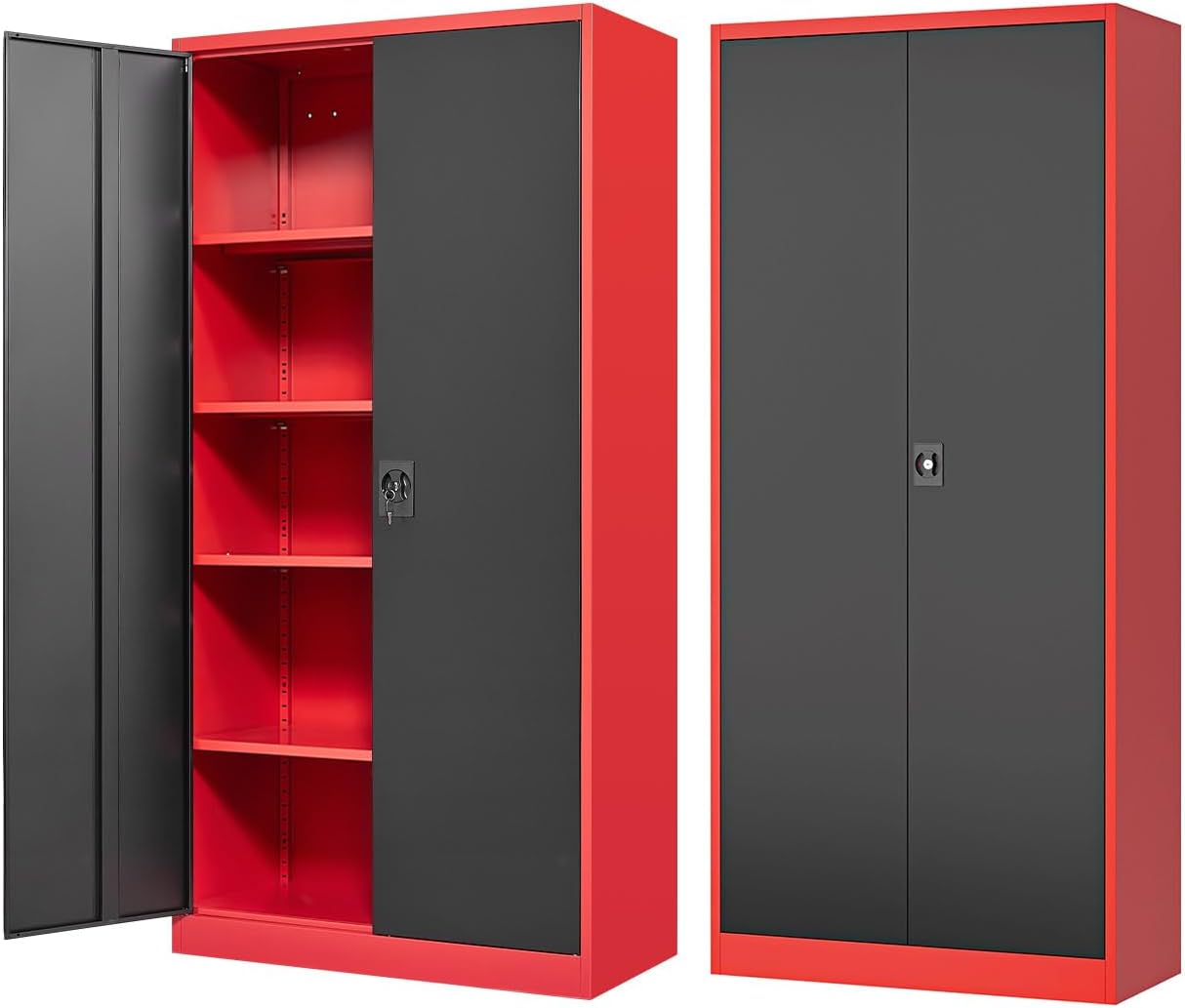 Fesbos Metal Storage Cabinet-72' Tall Steel File Cabinets with Lockable Doors and Adjustable Shelves-Black&Red Steel Storage Cabinet for Kitchen, Office, Garage